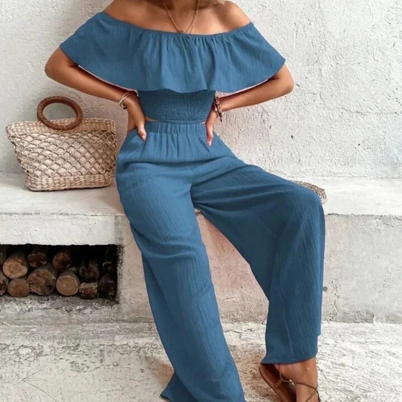 Women's Off-Shoulder Ruffle Trim Top And Wide Leg Pants Two Piece Set - Picture 3 of 6